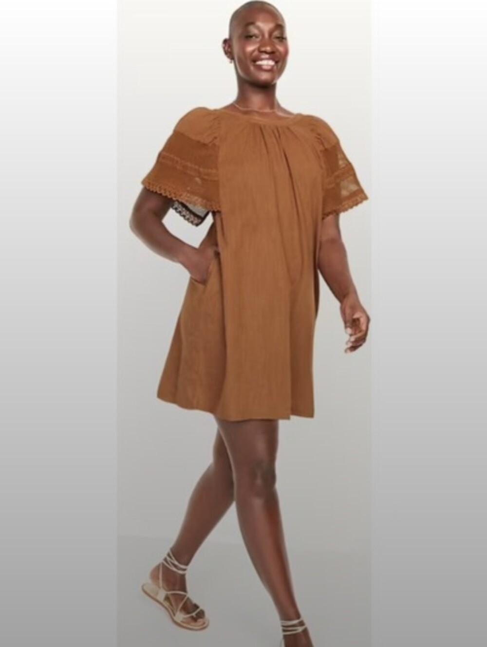 Old Navy Brown Crochet Lace Flutter Sleeve Swing Dress XL Pockets Boho